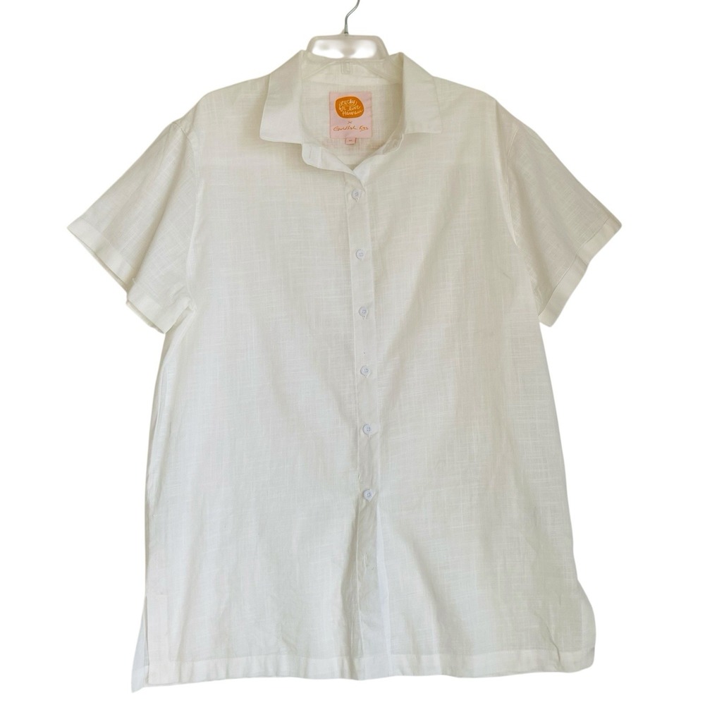 Lucky We Live Hawaii Goldfish Kiss Linen Shirt Men M/L White Short Sleeve Beach